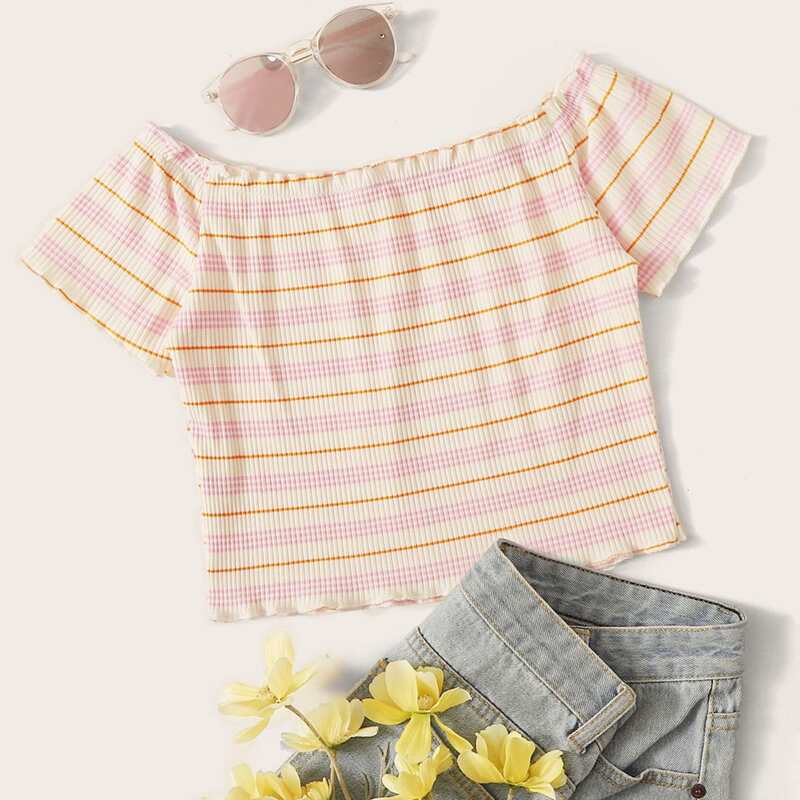 

Striped Lettuce Trim Bardot Tee, Multicolor