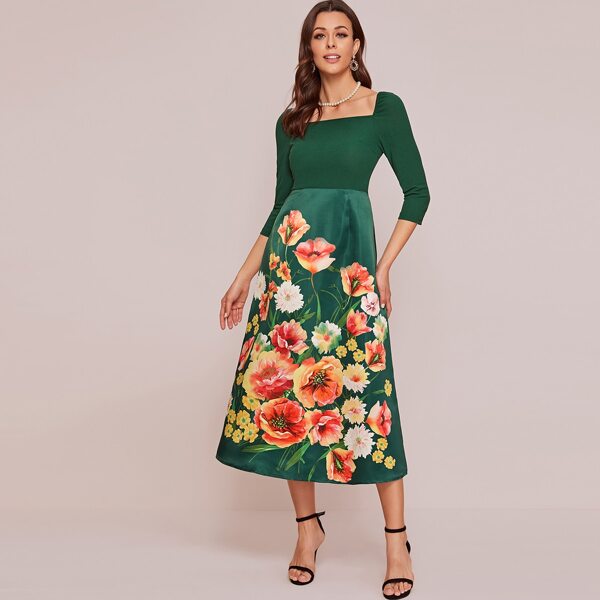 

High Waist Floral Print Dress, Green