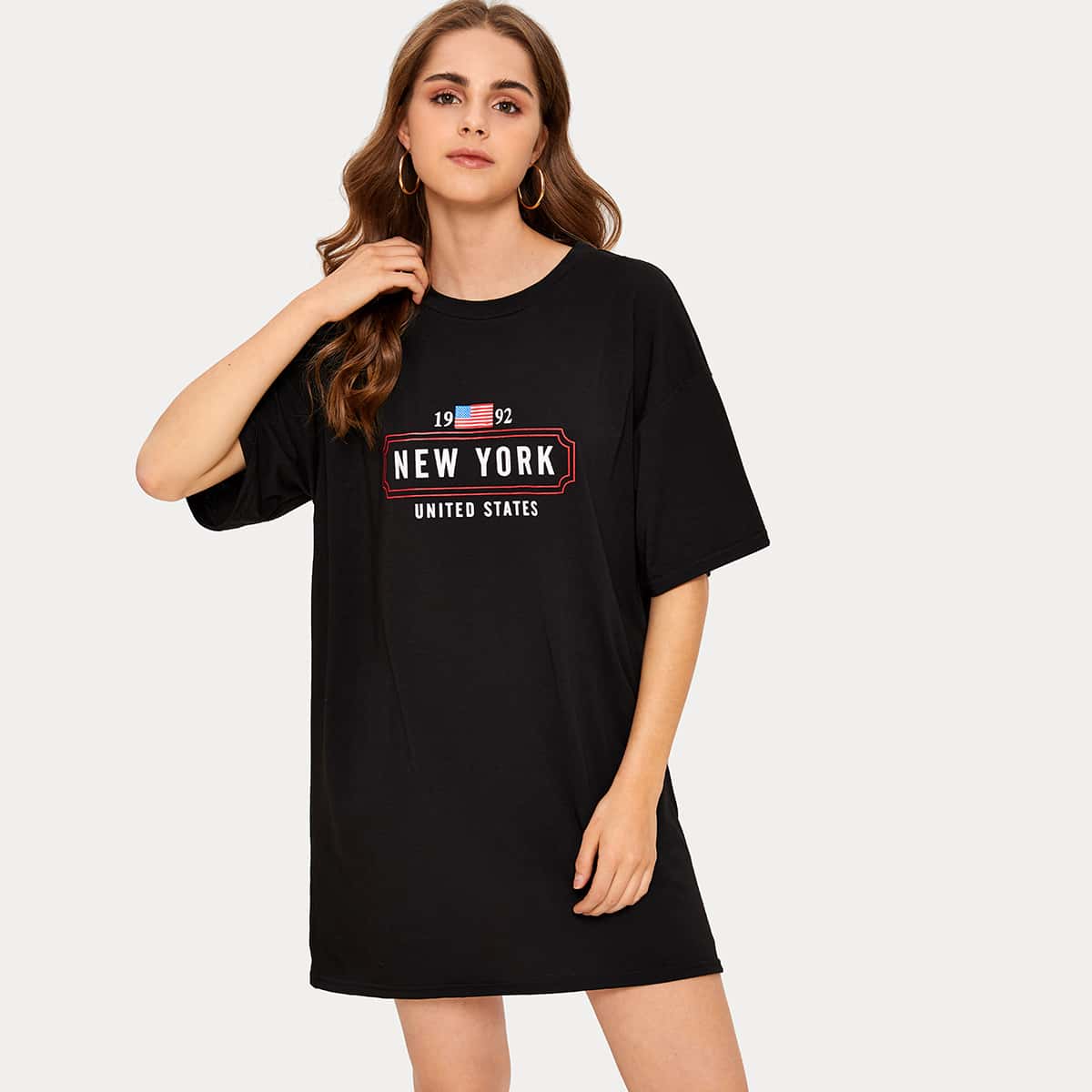

Flag & Letter Graphic Tee Dress, Black