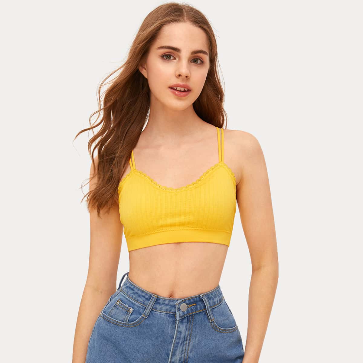 

Lace Trim Criss Cross Bralette, Yellow