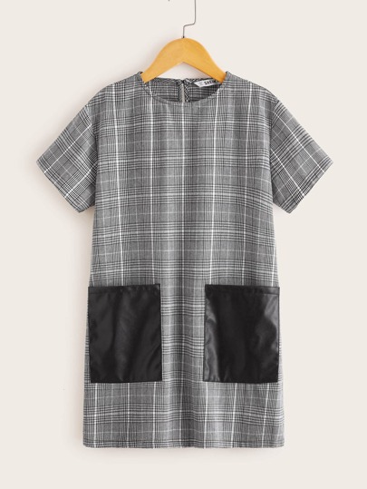 Girls Contrast PU Patch Pocket Plaid Dress