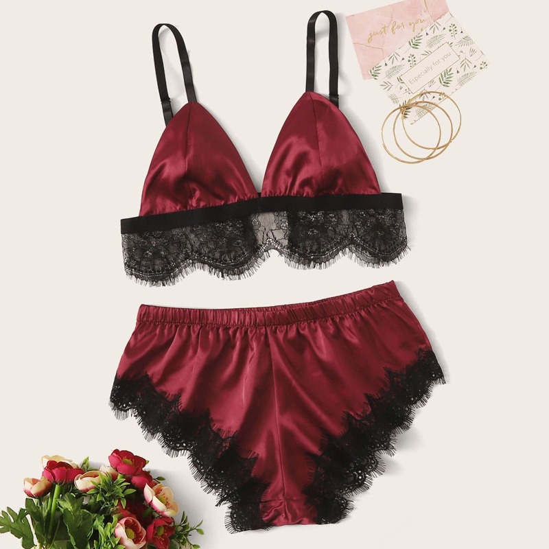 

Contrast Eyelash Lace Bralette With Satin Shorts, Multicolor