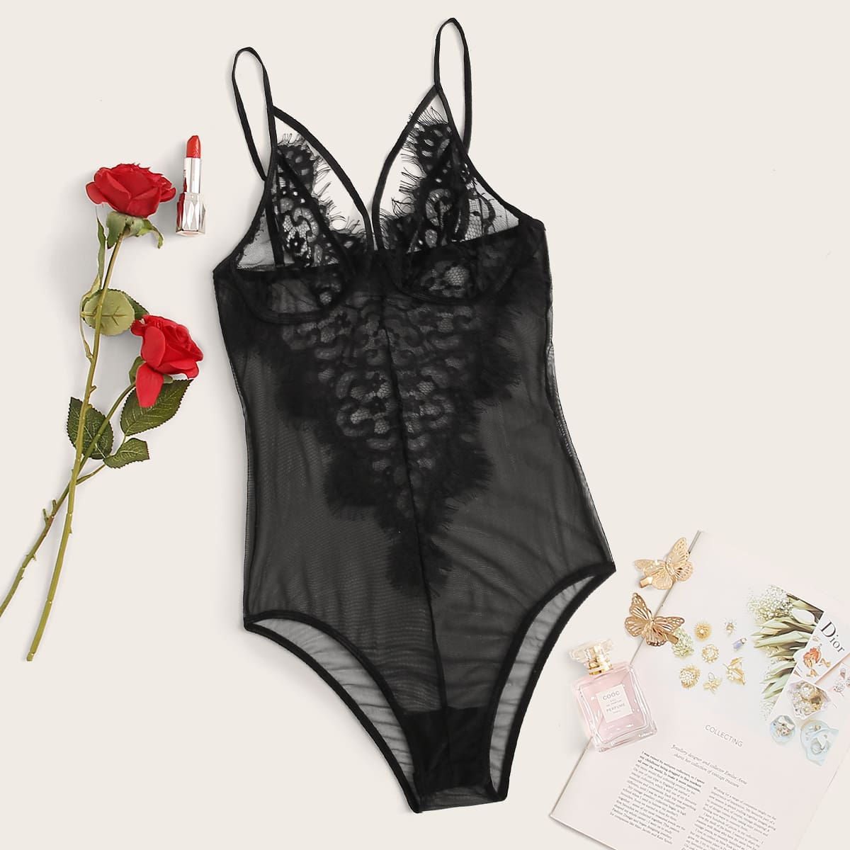 

Eyelash Lace Harness Teddy Bodysuit, Black