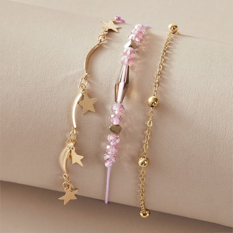 

3pcs Star & Bead Decor Bracelet, Multicolor