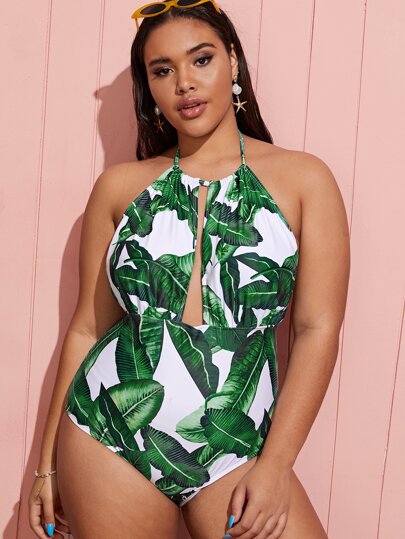 Plus Palm Print Halter One Piece Swimwear