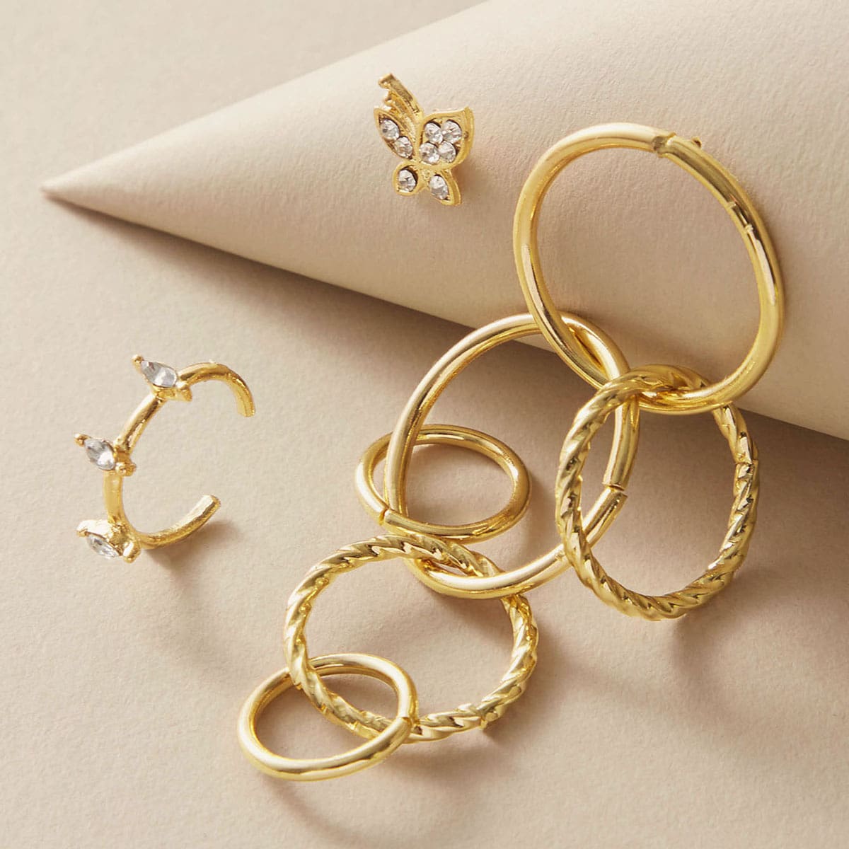 

3pcs Rhinestone Engraved Butterfly & Hoop Earrings, Gold