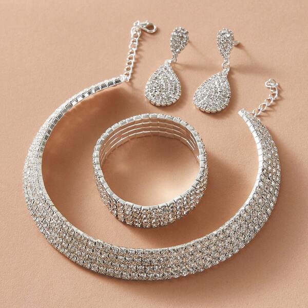 

4pcs Rhinestone Engraved Drop Earrings & Necklace & Bracelet