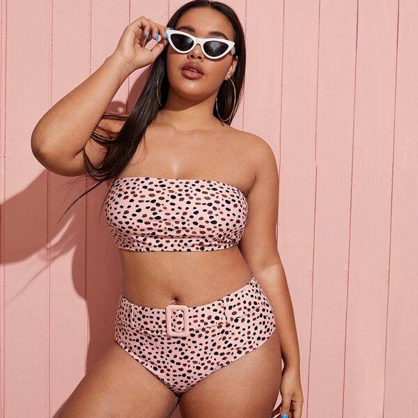 

Plus Dalmatian Bandeau High Waisted Bikini Swimsuit, Pink