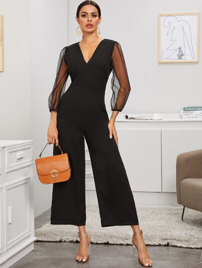 Tie Back Contrast Mesh Jumpsuit