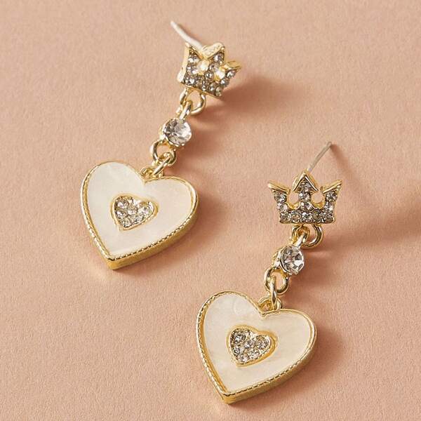 

1pair Rhinestone Engraved Crown & Heart Drop Earrings, Gold