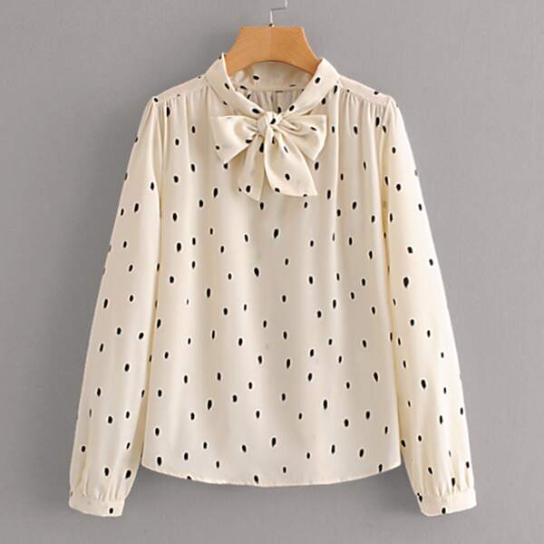 

Tie Neck Graphic Print Blouse, Beige