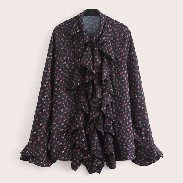 

Flounce Sleeve Ruffle Trim Ditsy Floral Blouse, Black
