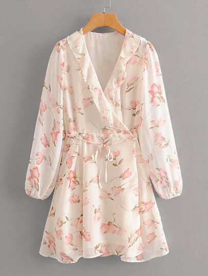 Surplice Front Ruffle Floral A-line Dress