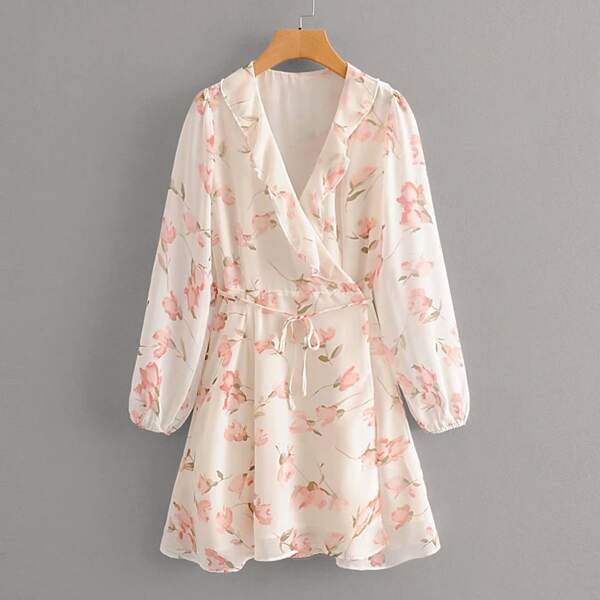 

Surplice Front Ruffle Floral A-line Dress, Beige