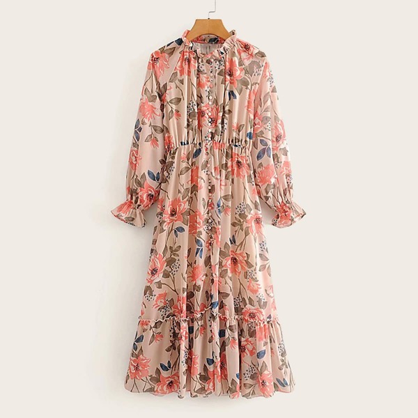 

Covered Button Ruffle Hem Large Floral Dress, Multicolor
