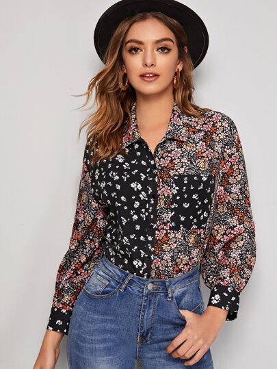 Ditsy Floral Button Front Spliced Blouse