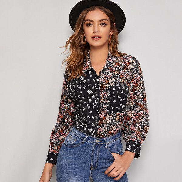 

Ditsy Floral Button Front Spliced Blouse, Multicolor