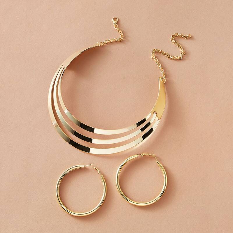 

3pcs Metallic Hoop Earrings & Necklace