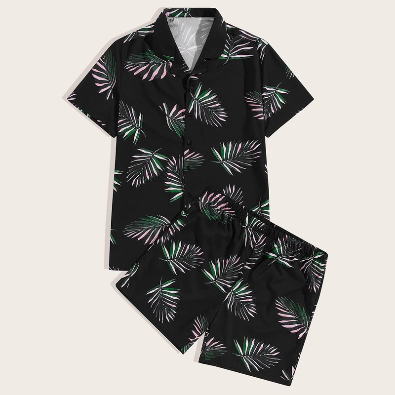 

Guys Lapel Collar Tropical Print Shirt With Shorts, Black