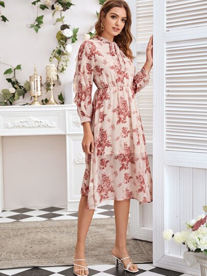 Tie Neck Floral Print Chiffon Overlay Dress