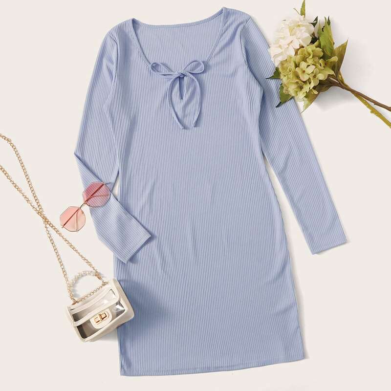 

Solid Tie Front Ribbed Tee Dress, Blue pastel