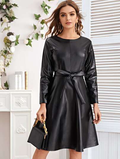 Belted PU Leather A-Line Dress