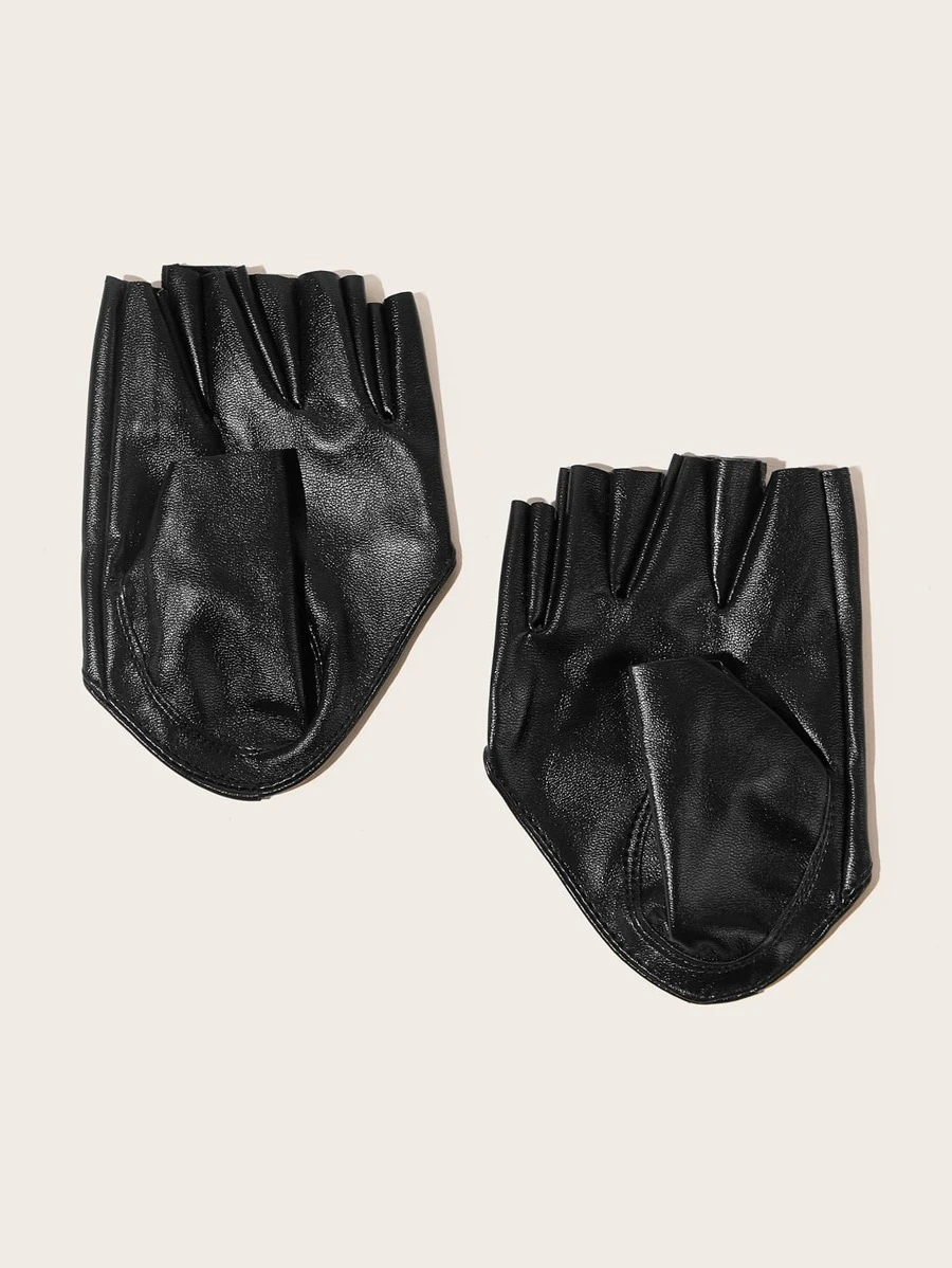 PU Leather Open Finger Gloves - Black - View 1