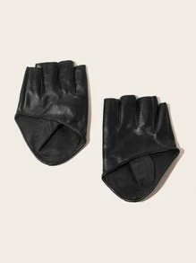 PU Leather Open Finger Gloves - Black - View 2