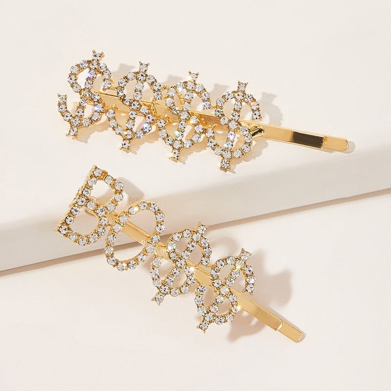 

2pcs Rhinestone Decor Dollar Hair Clip, Gold