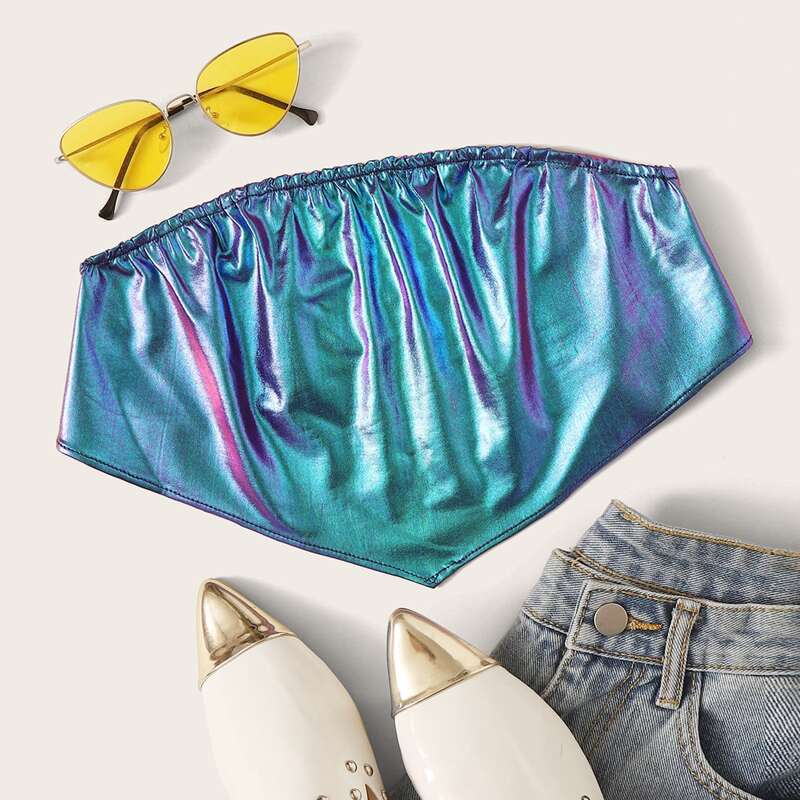 

Ombre Metallic Tie Back PU Crop Top, Blue