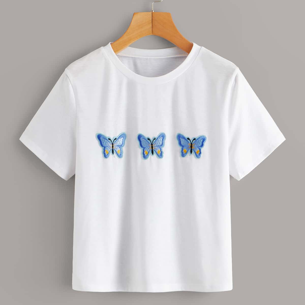 

Butterfly Embroidered Round Neck Tee, White