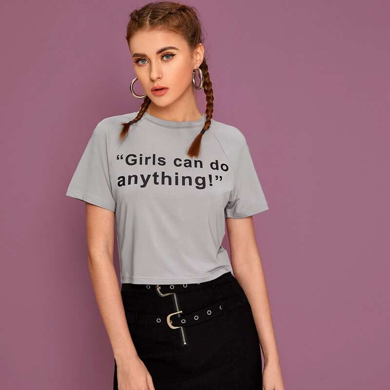 

Slogan Graphic Raglan Sleeve Crop Tee, Grey