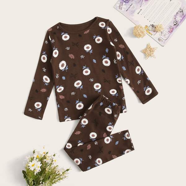 

Toddler Girls Dandelion Print Tee With Pants, Brown