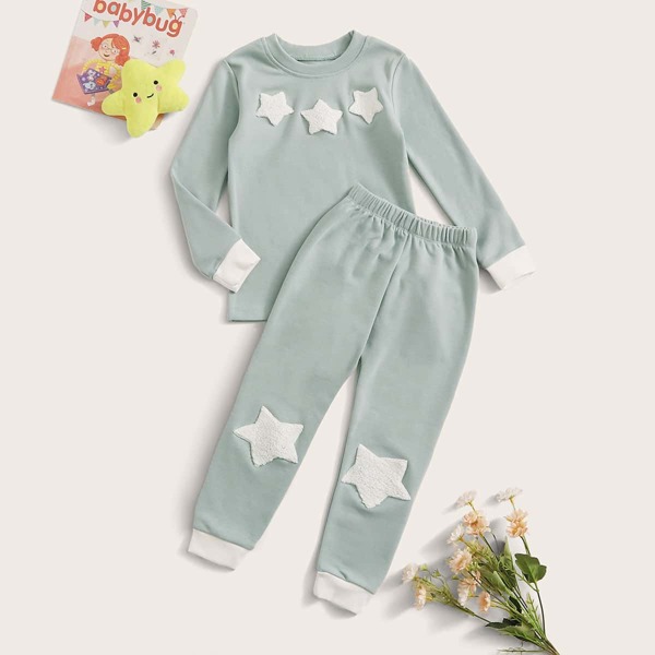 

Toddler Girls Fuzzy Star Patched Tee With Sweatpants, Green pastel