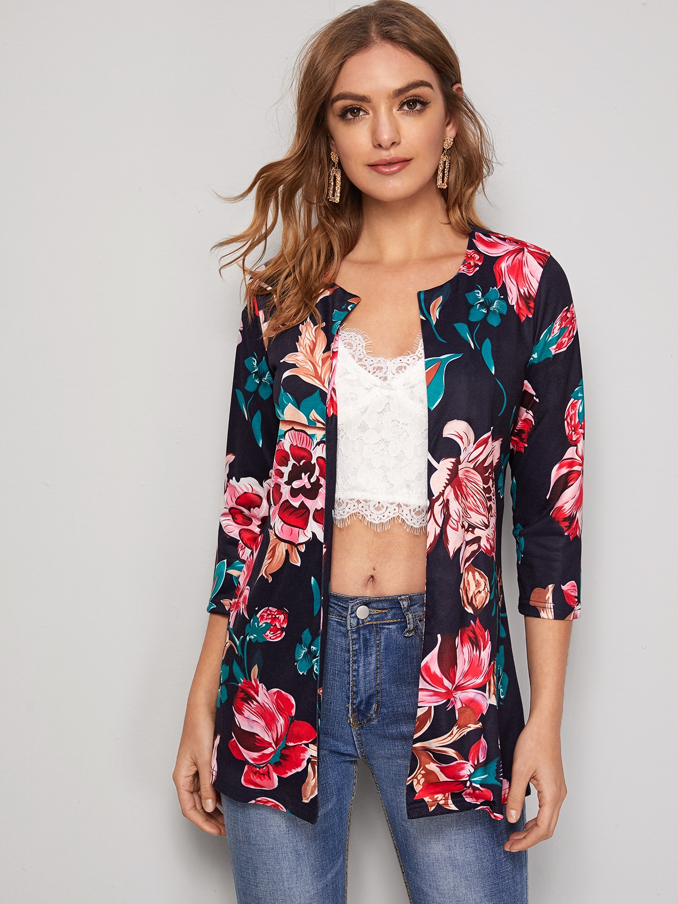 Open Front Floral Print Coat pictures