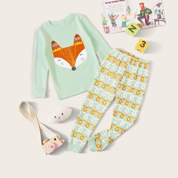 

Toddler Boys Fox Print Tee With Sweatpants, Green pastel