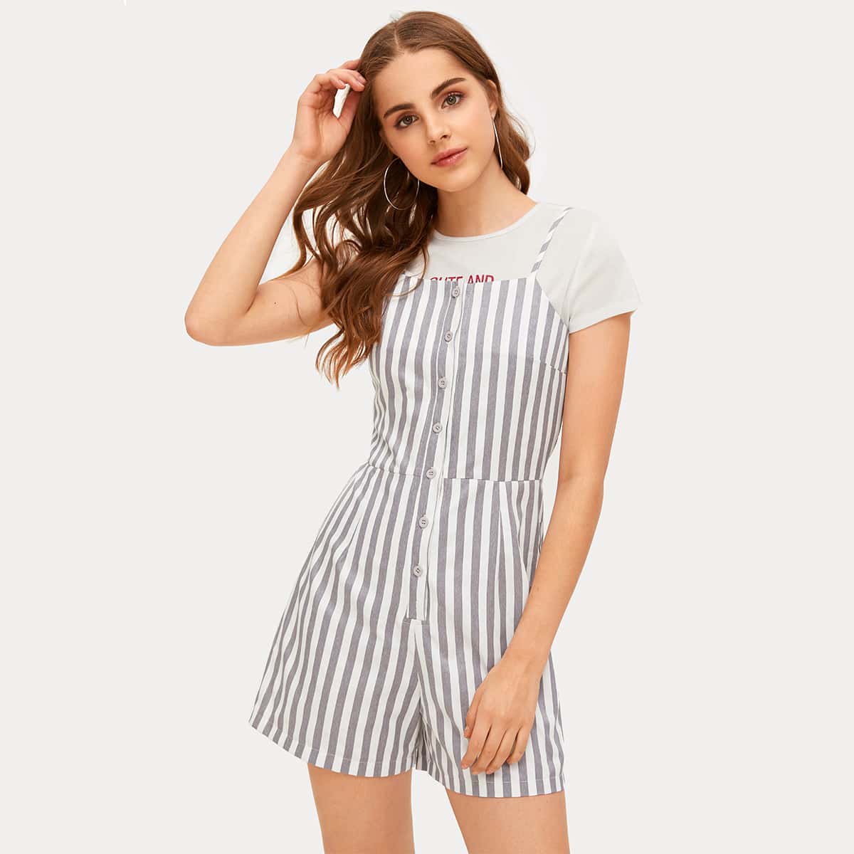 

Vertical Striped Button Front Cami Romper, Multicolor