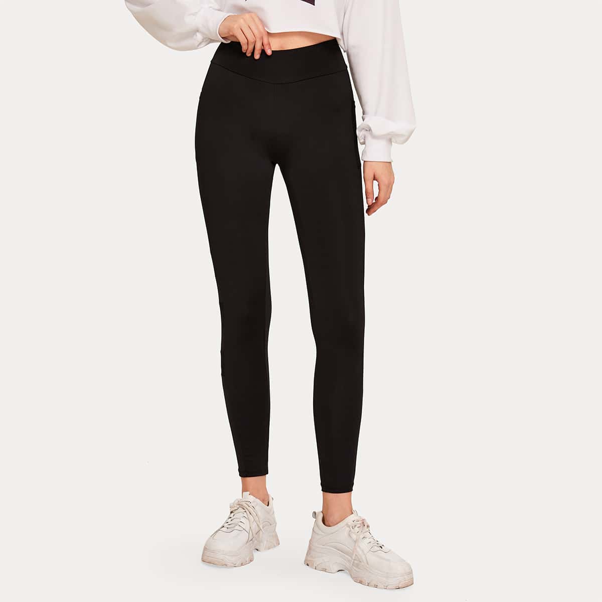 

Contrast Mesh Elastic Waist Leggings, Black