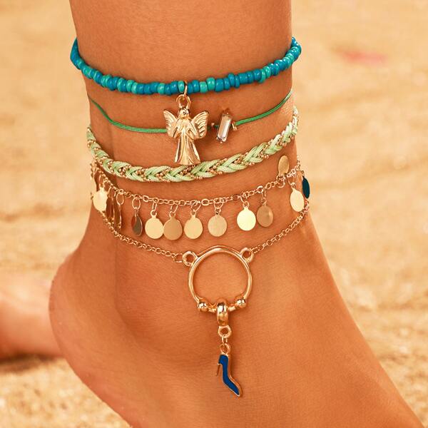 

5pcs Angel Charm Beaded Anklet, Multicolor