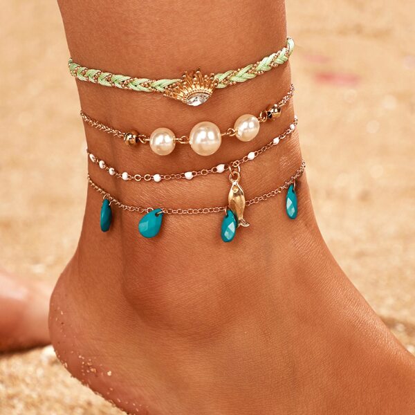 

4pcs Rhinestone & Pearl Decor Braided Anklet, Multicolor