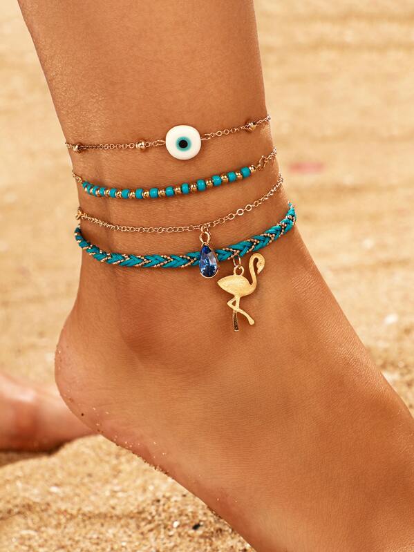 

4pcs Flamingo & Gemstone Charm Braided Anklet, Blue