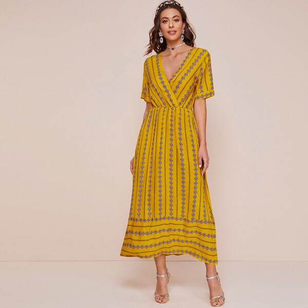 

Aztec Print Surplice Front Dress, Yellow