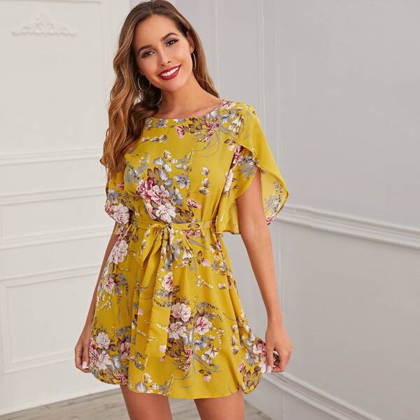 

Petal Sleeve Botanical Print Belted Dress, Mustard yellow