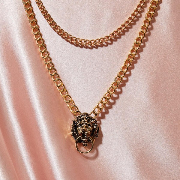

2pcs Lion Head Charm Chain Necklace, Gold