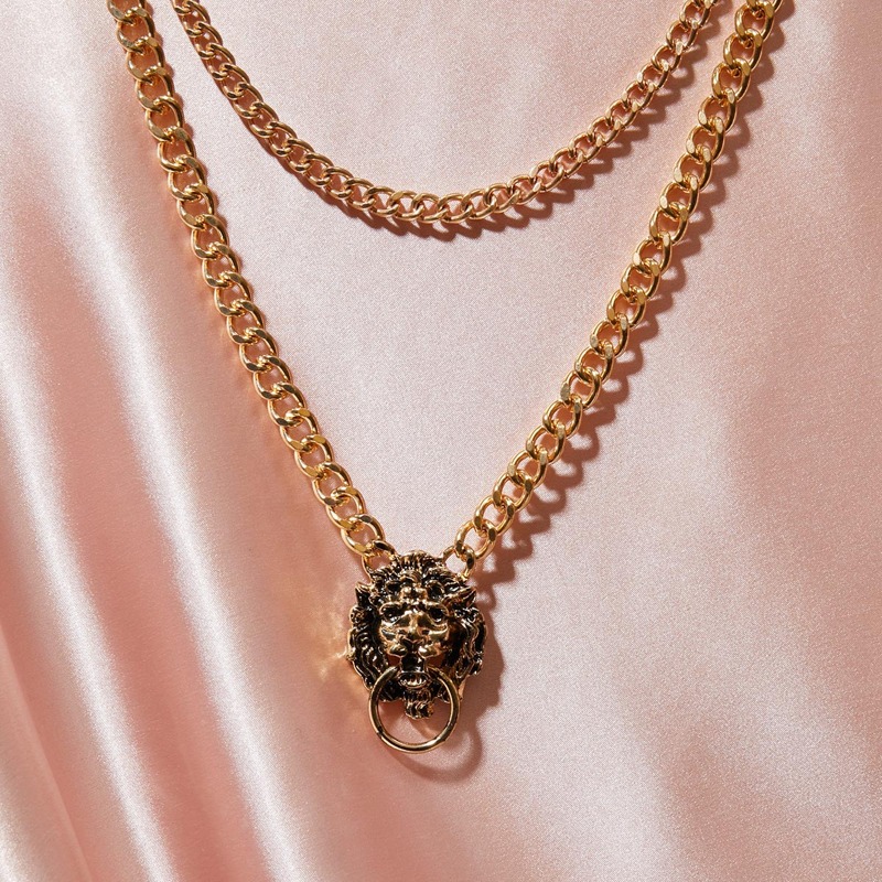 

2pcs Lion Head Charm Chain Necklace, Gold