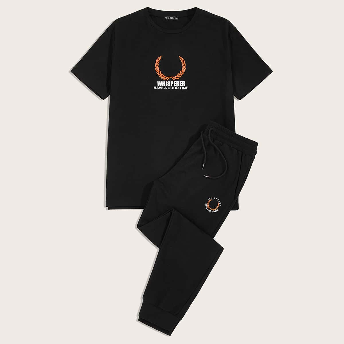 

Guys Slogan Graphic Top & Sweatpants Set, Black