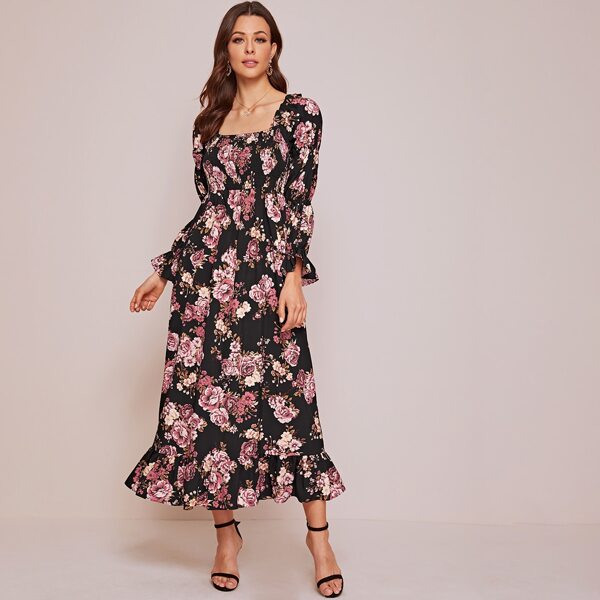 

Floral Print Square Neck Ruffle Hem Dress, Black