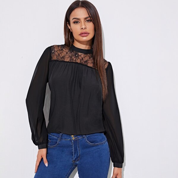 

Mock Neck Lace Panel Blouse, Black