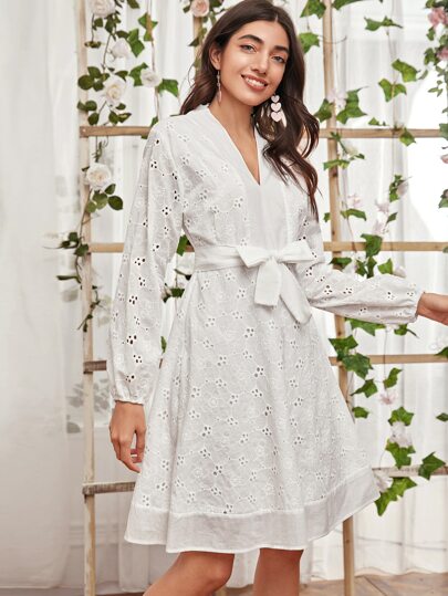 Self Tie Eyelet Embroidery Dress