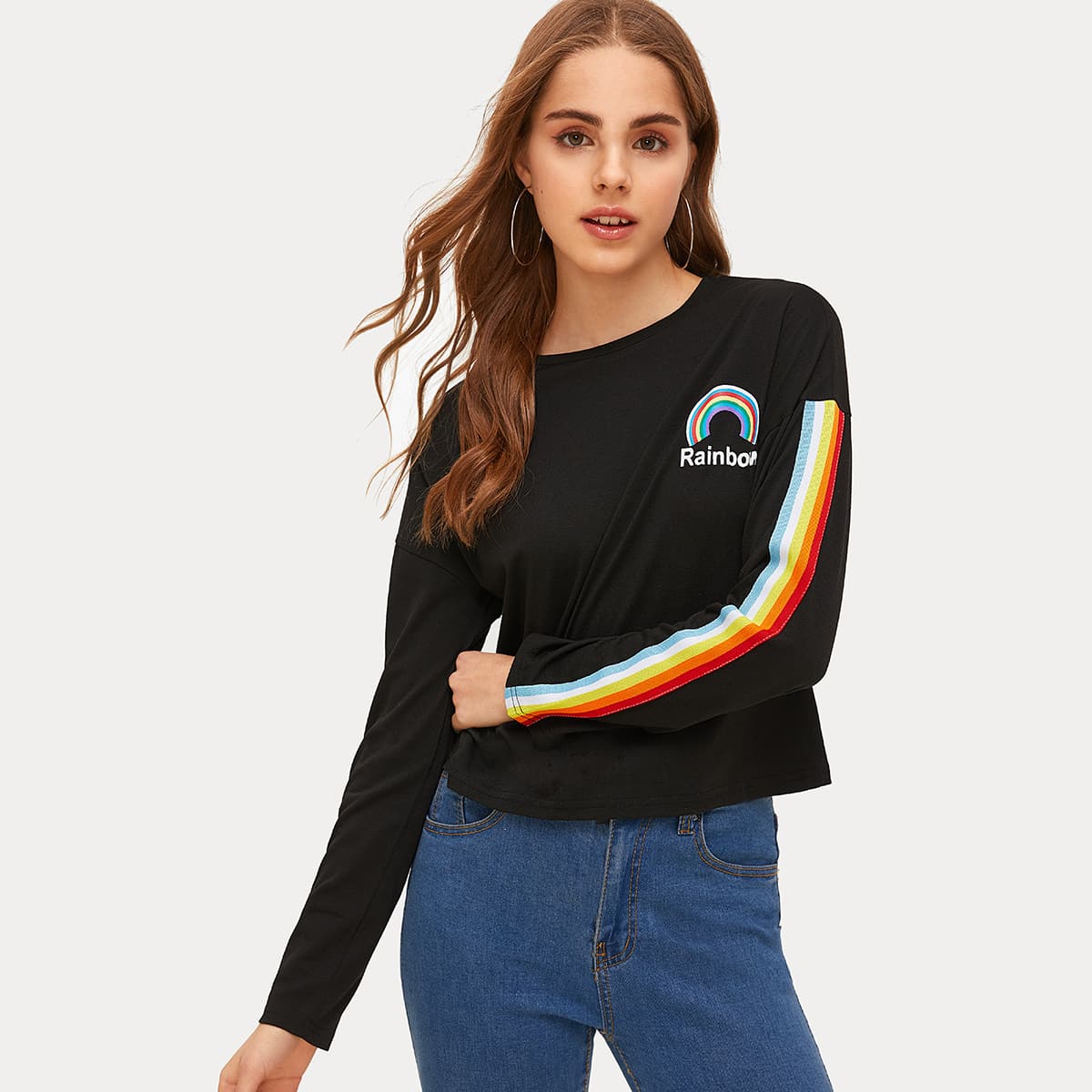 

Rainbow Stripe Long Sleeve Tee, Black